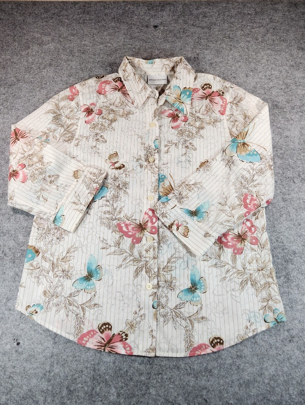 Alfred Dunner Cream Button-Down Shirt with Pink & Blue Butterflies Size Medium